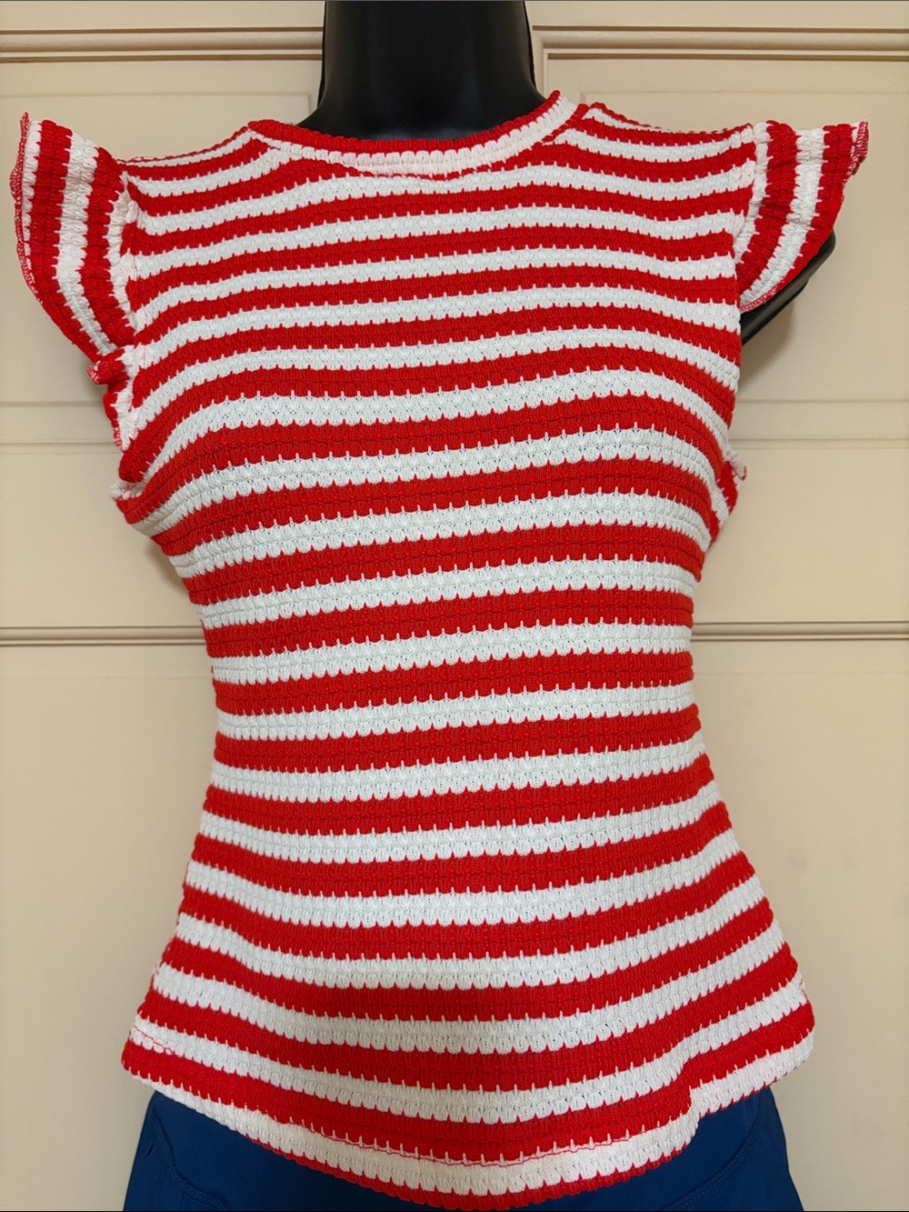 Red & White Striped Knit Flutter-Sleeve Top